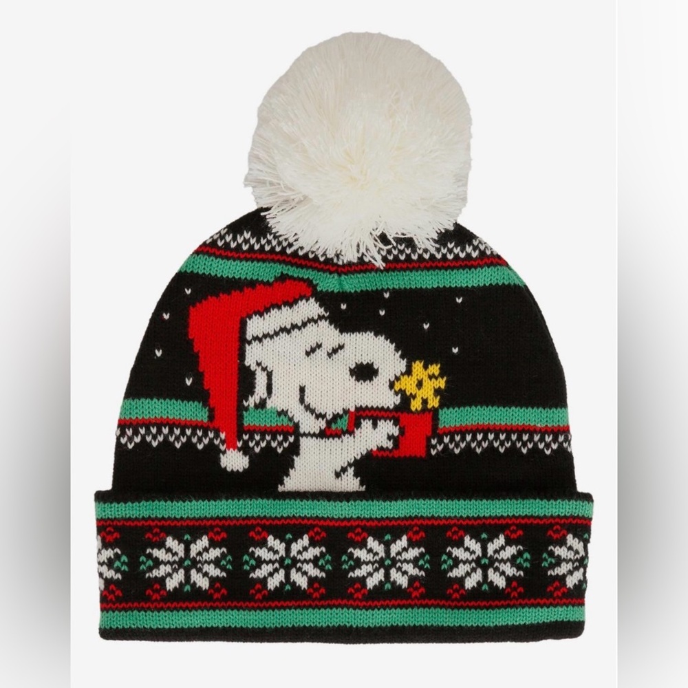 Peanuts Snoopy and Woodstock Christmas Knit Beanie with Pom